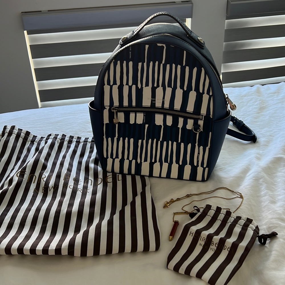 Henri Bendel blue leather backpack/ necklace set